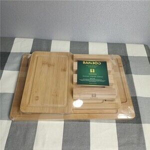 Set of 3 Bamboo Chopping Board Set with Draining Sink and Stand